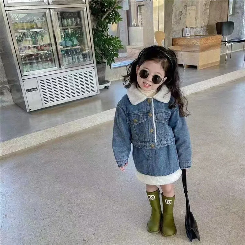 

Baby Girls Lamb Fleece Clothes Set Kids Denim Coat+ Skirt Two Piece Clothing Suits 2024 Winter Children 's Costume Korean Style