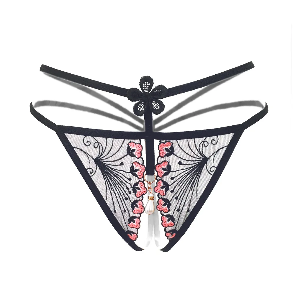 Bragas de mariposa con perlas para mujer, ropa interior de encaje transparente, Tanga Sexy, lencería