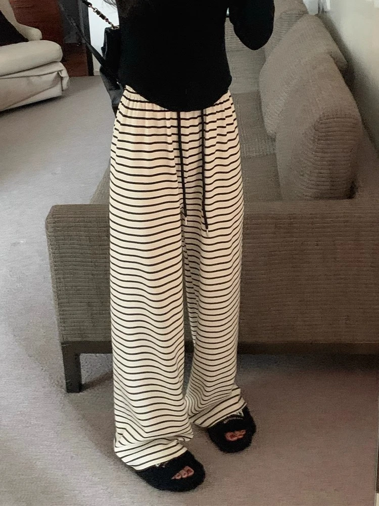 High quality cool cotton bead ground black and white striped casual pants for women spring and summer high waist hanging wide le