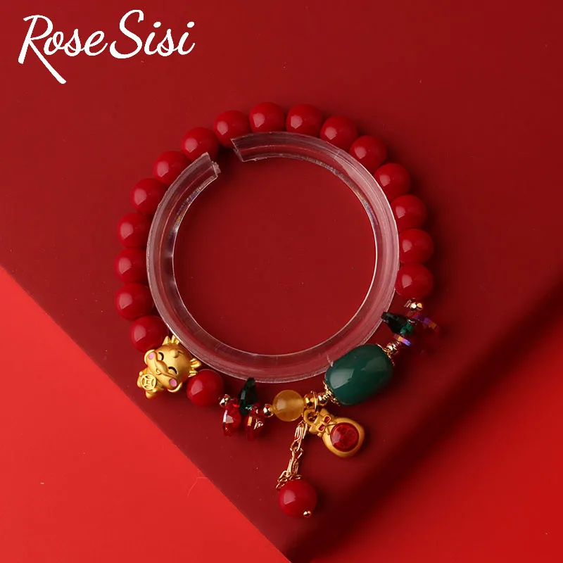 Rose sisi Chinese Style New Year Dragon Zodiac Bracelet for girl Red Coral Beads Elastic Handrope hansel Clothing accessories