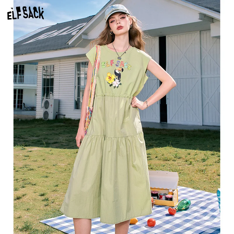 

ELFSACK 2024 Summer New Arrivals Grey holiday style casual letter print waist slimming vest sleeveless dress for women