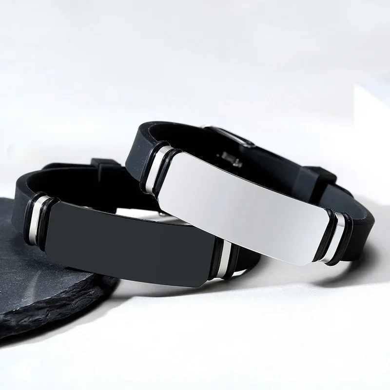 Hot Sale Casual Personalized Engraved Silicone Bracelet Men Women Stainless Steel ID Tag Custom Sports Gift Jewelry