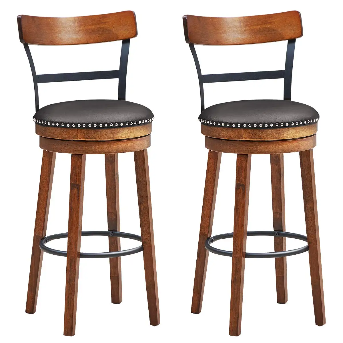 

Bar Stools Set of 2, 360-Degree Swivel Stools with Leather Padded Seat, Single Slat Ladder Back & Solid Rubber Wood Legs, Bar He
