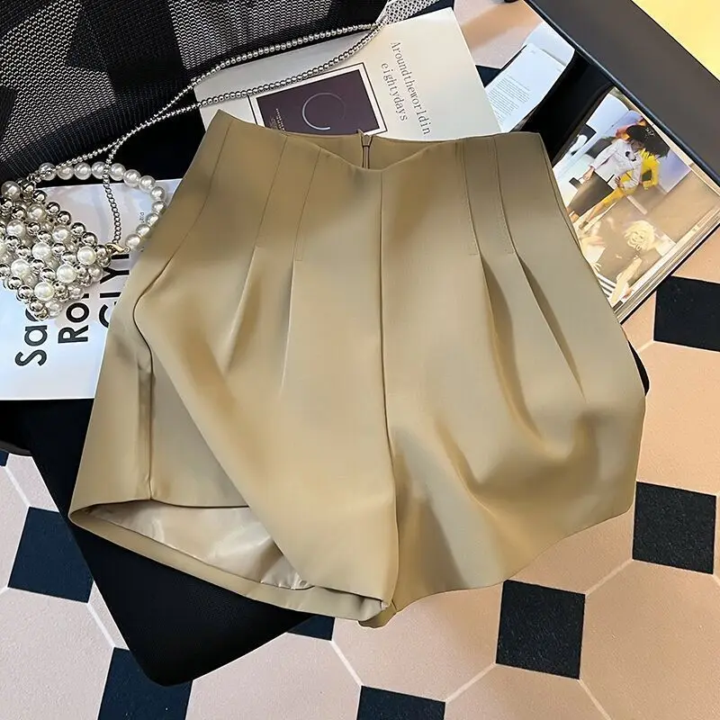 

Cute Shorts For Women's Summer New High Waisted Drape Design Pleated Slimming Straight Leg Hot Pants Korean Fashion Khaki Black