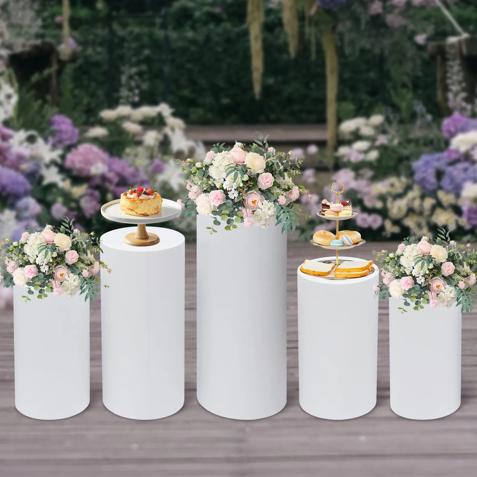 

5-Piece White Cylinder Stands Iron Material With High-temperature Baking Paint, 66Lbs Load Capacity For Weddings Displays