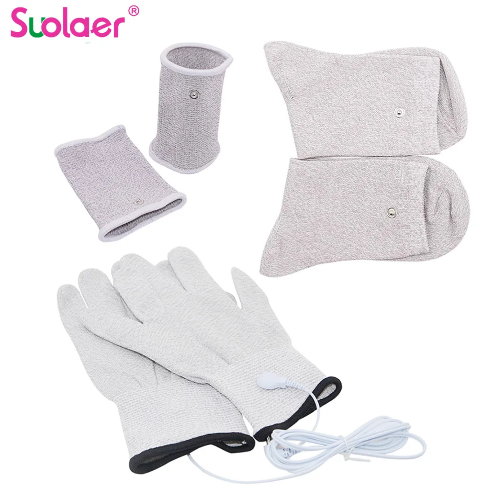 1 Set Conductive Silver Fiber TENS / EMS Electrode Treatment Gloves + Socks + Wrist Pads + Cable for Meridian Acupressure Device