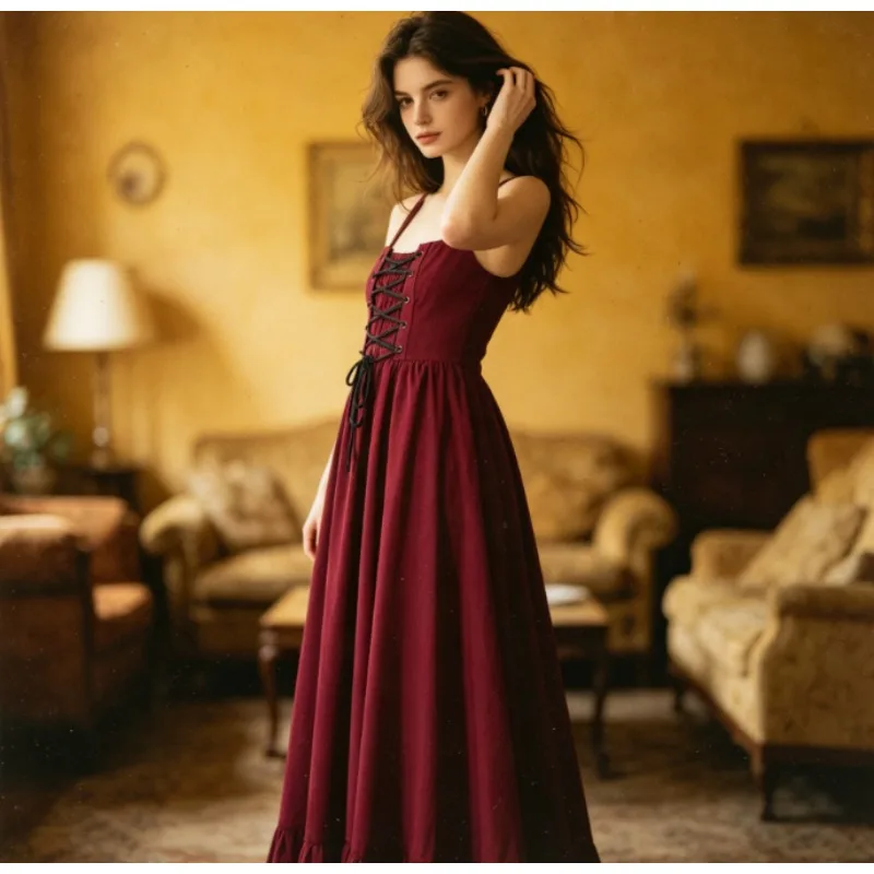 

2026 New European American Gothic Medieval Skirt Lace Up Waist Ruffle Hem Flared Maxi Dress