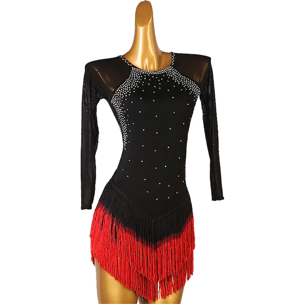 

Figure Skating Dress Women's Black Tassel Open Back Mesh High Elasticity Training Competition Skating Wear Ice Skating Figure