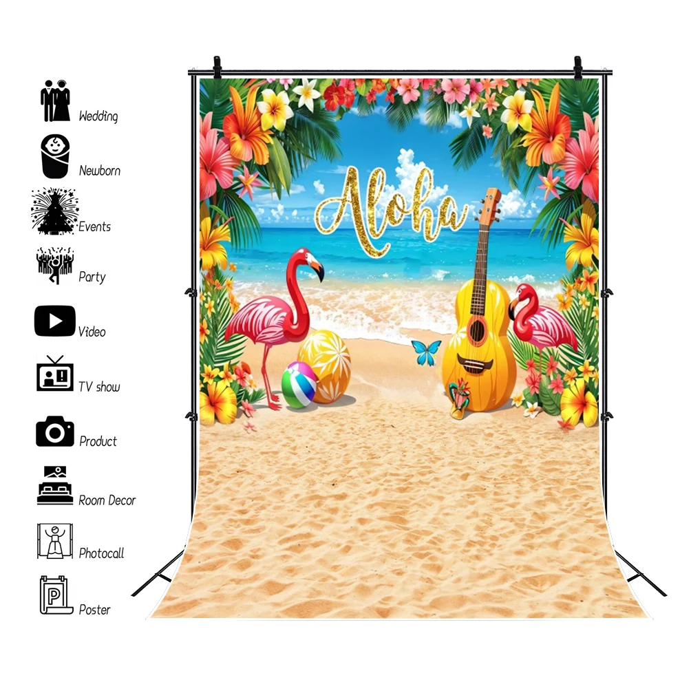 Summer Beach Backdrop for Photography Hawaii Aloha Seaside Tropical Palm Tree Surfboard Baby Birthday Party Photo Background