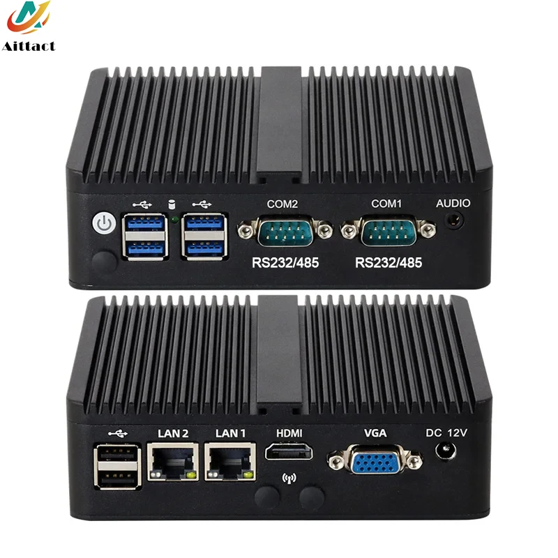 Mini PC IoT Industrial sin ventilador Intel Celeron J6412 J2900 J1900 2x COM RS232 RS485 2x Gigabit Ethernet compatible con WiFi 3G 4G SIM