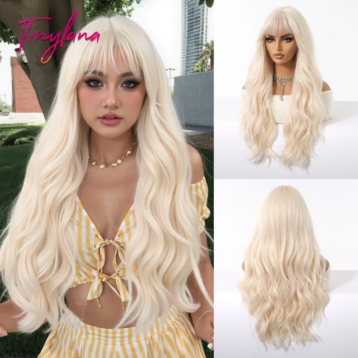 Long Platinum Blonde Wave Synthetic Wigs with Bangs for Women Natural Wig Daily Blonde Cosplay Costume Hair Heat Resistant Use