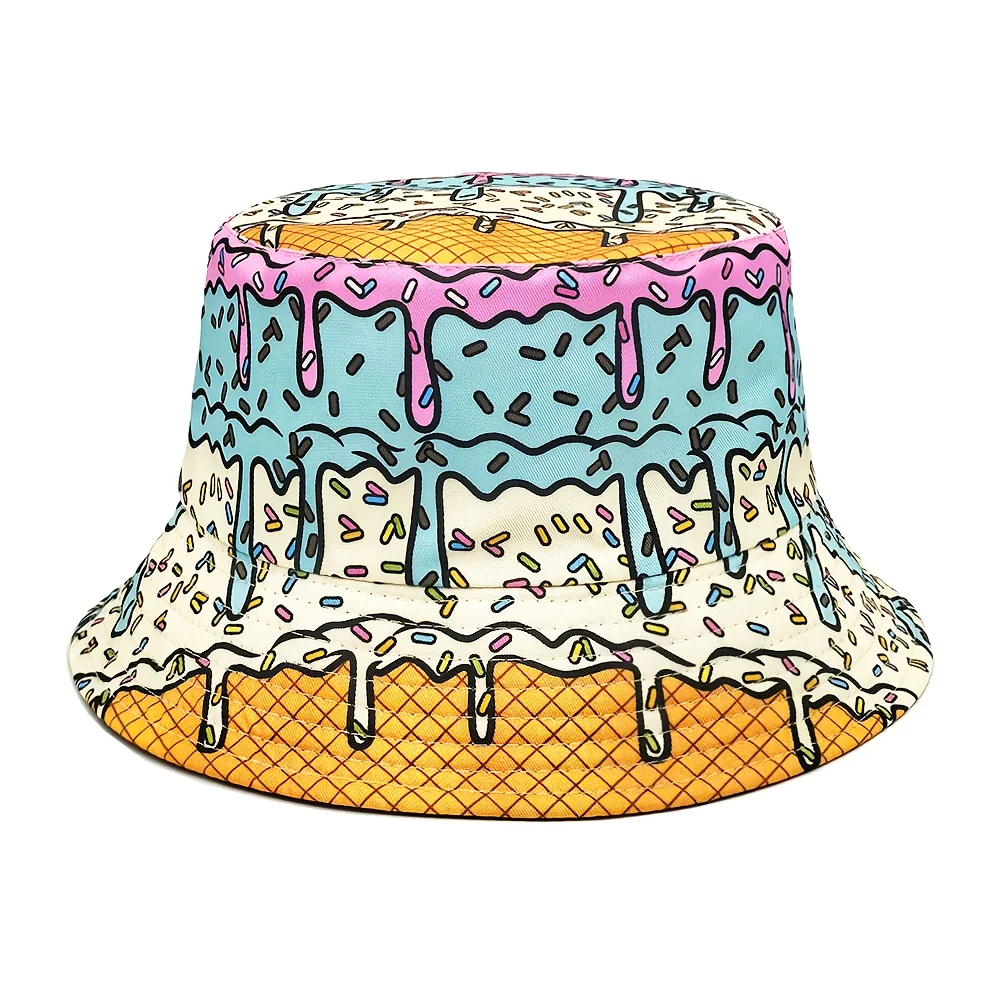 Colorful Ice Cream Drip Print Bucket Hat Fun Sprinkle Pattern Sun Hat for Men Women Summer Beach Outdoor UPF Protection Cap