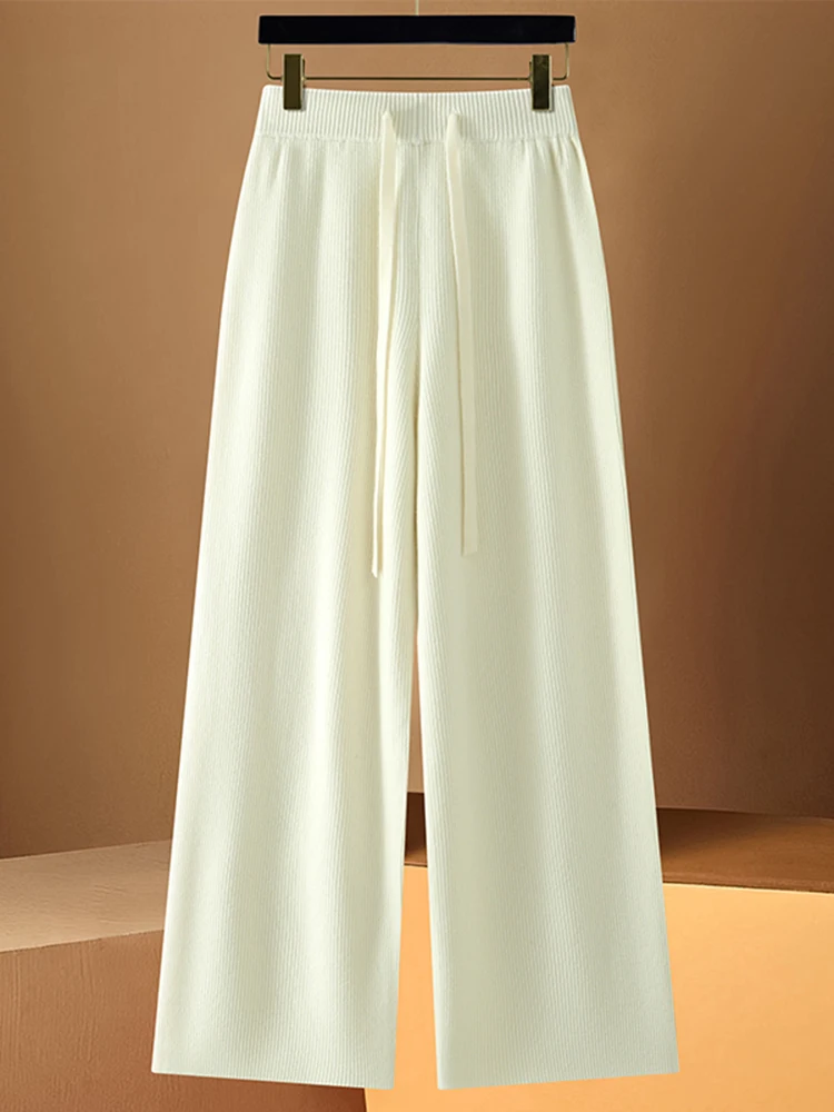 

New Chic 100% Merino Wool Knitted Trousers Women's Casual Versatile Autumn Winter Drawstring Elastic Waist Soft Wide Leg Pants