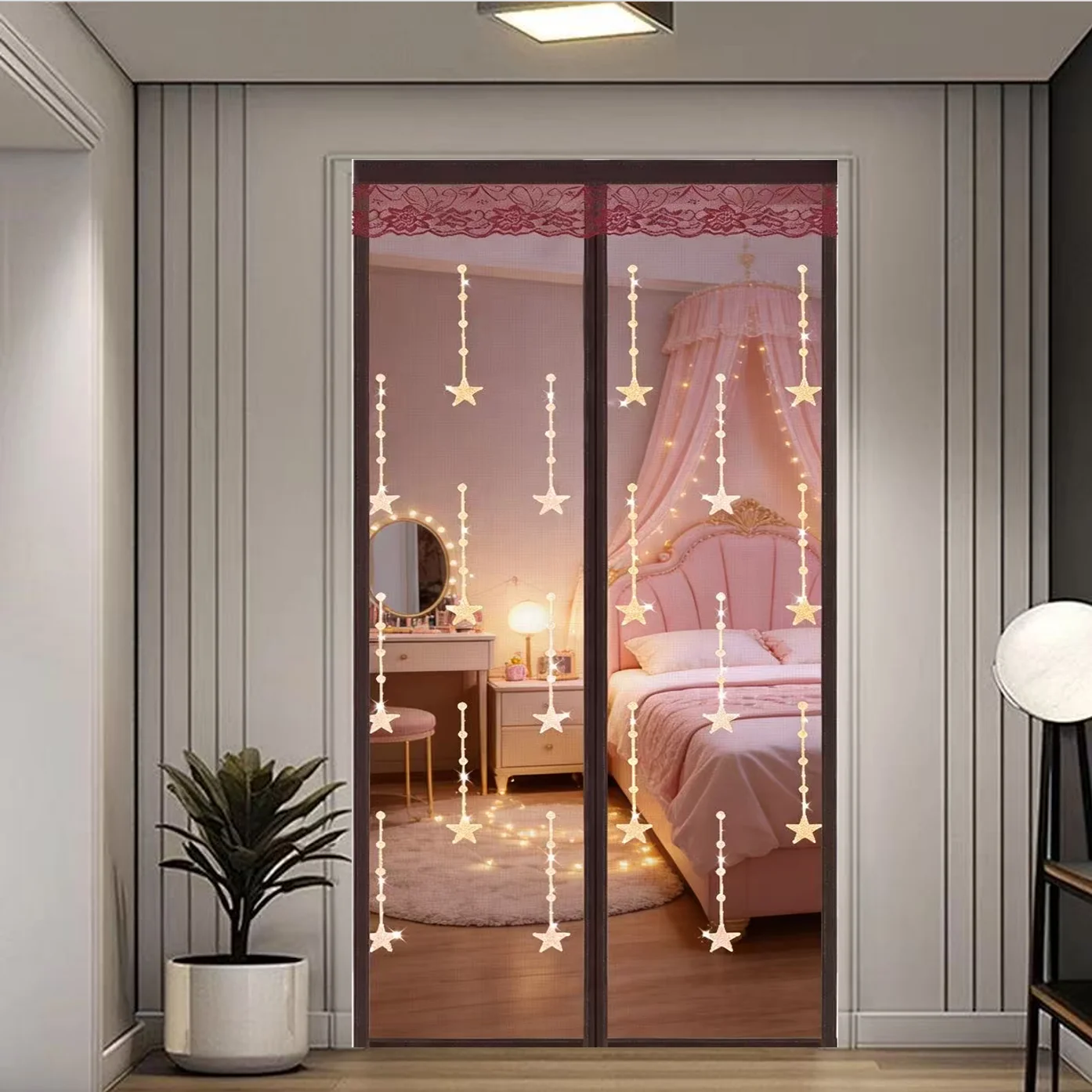 Embroidered Star Pattern Coffee Brown Magnetic Screen Door - Summer Mosquito-Proof Breathable No-Drill Mesh Door Curtain for Hom