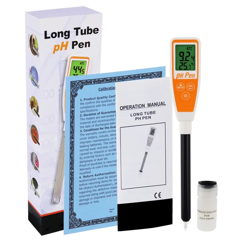 Digital Pentype pH Meter Long Glass Tube w/ Sharp Tip Probe Dual Display for Dairy, Meat, Milk, Yogurt, Soil