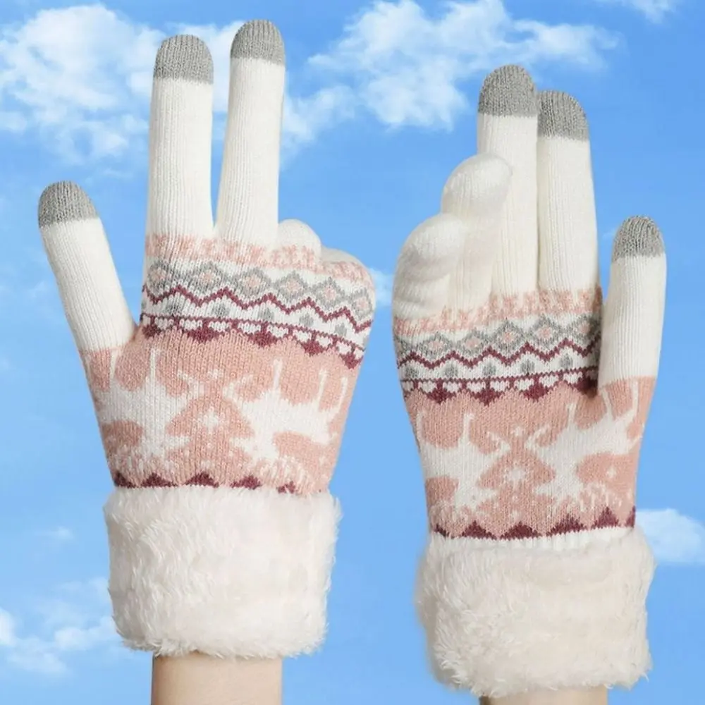 Niedliche Hirsch-Weihnachtsstrickhandschuhe, Wolle, Plüsch, Vollfinger-Handschuhe, winddicht, Plüschmanschette, Winter-Fäustlinge, Radfahren