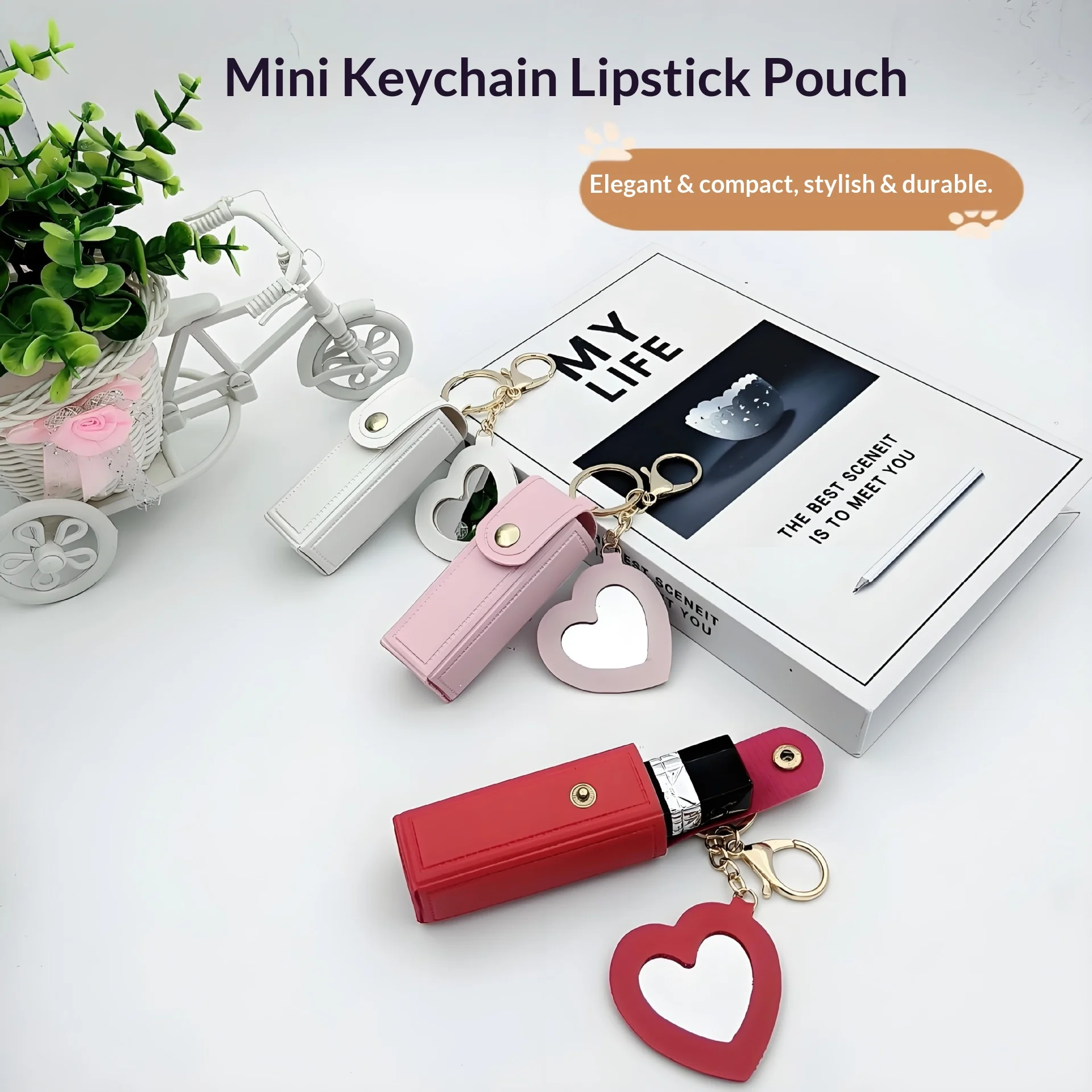 Portable Lipstick Bag with Mirror Various Color Available Heart-shaped Mirror Portable Mini Lipstick Bag Small Cute Cosmetic Bag