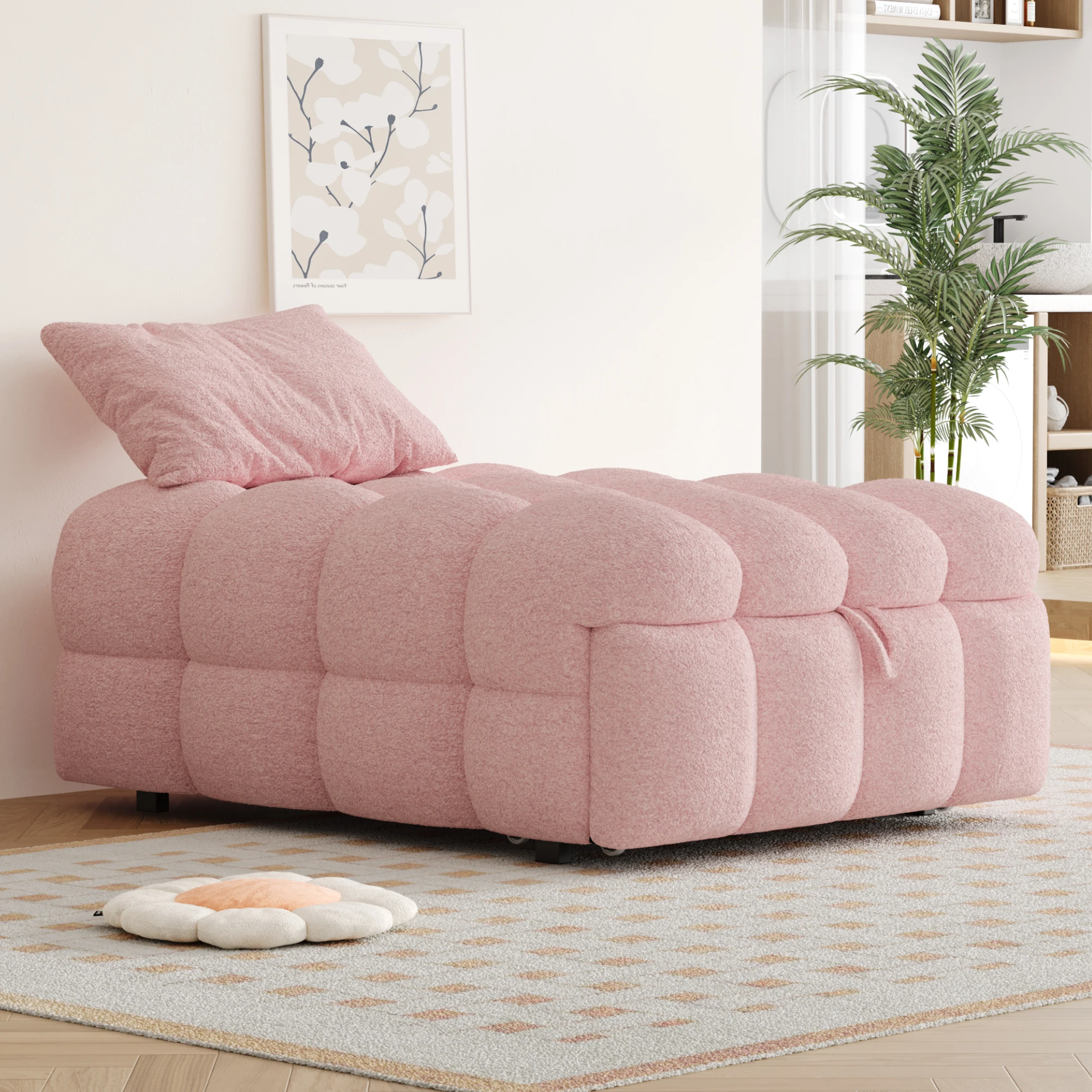 KOMHTOM Teddy Stoff 2 in 1 Polsterbett mit Fußhocker Ausziehbares Schlafsofa Einzelbett Puffy Bett