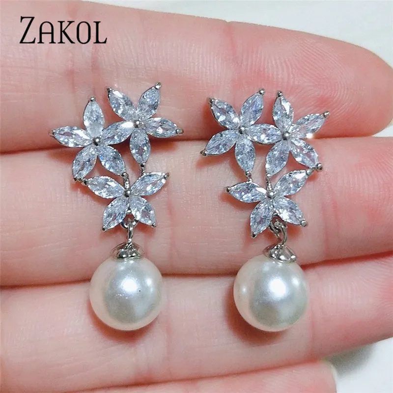 ZAKOL Fashion Simulated Pearl Drop Earrings For Women White Zirconia Flowers Bridal Earring Brides Wedding Jewelry EP2386