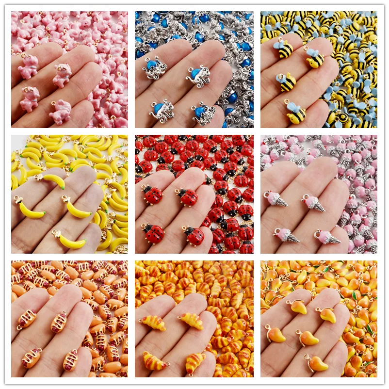 Breloques en émail coccinelle abeille Croissant crème glacée, 5 pièces, fournitures pour la fabrication de bijoux, pendentif alimentaire/Animal, banane 3D, matériaux de bricolage
