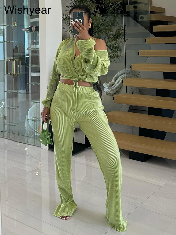 Elegant Autumn Ribbed Pleated Two 2 Pieces Set Women Green V-neck Long Sleeve Crop Tops and Wide Leg Pants Office Lady Outfits