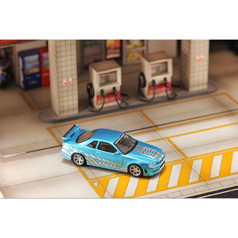 SH In Stock 1:64 Skyline GTR R34 Gurucollector Electroplated Blue Diecast Diorama Car Model Collection Miniature Stance Hunters