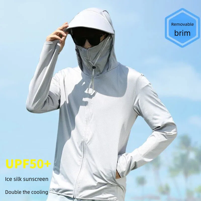 

Long-Sleeved Summer Thin Breathable Lightweight Breathable Sun Protection Clothing Men's Ice Silk Speed Hat With Removable Brim