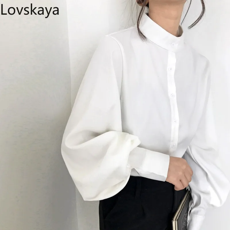 Bubble sleeves Korean style frosted long sleeved shirt women gentle style design niche stand up collar lantern sleeves