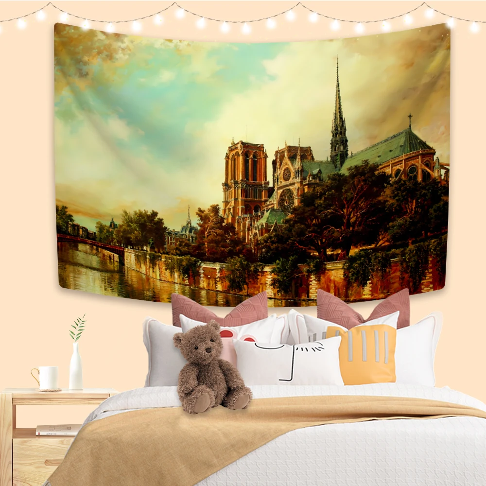 Landscape Oil Painting Tapestry Notre Dame Cathedral Printed Vintage Wall Hanging Dorm Bedroom Decor Background Cloth