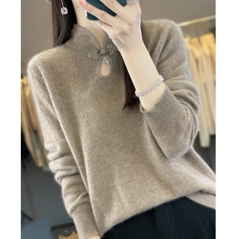 

100% Merino wool autumn/winter new women's sweater half turtleneck pullover Knitted disc buckle fashion base sweater top coat