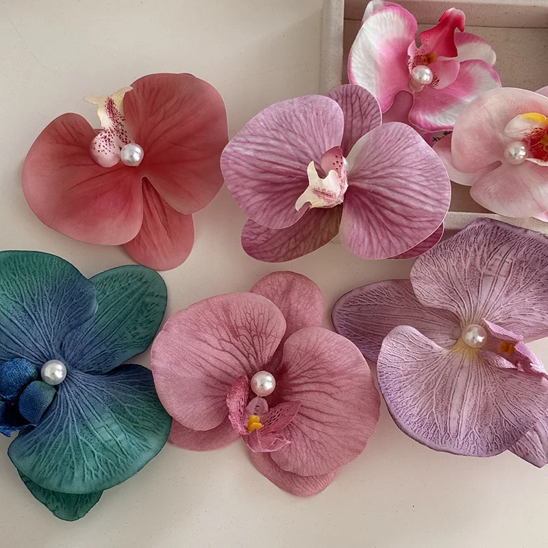 New Women Artificial Orchid Flower Pearl Hair Clips Side Clips Hairpin Beach Vacation Headwear Girls Festival Hair Accessories