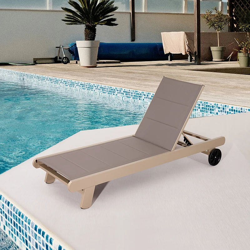 Chaise longue de jardin extérieure en aluminium, lit de soleil, mobilier de plage, chaise longue double en Teslin avec roulettes