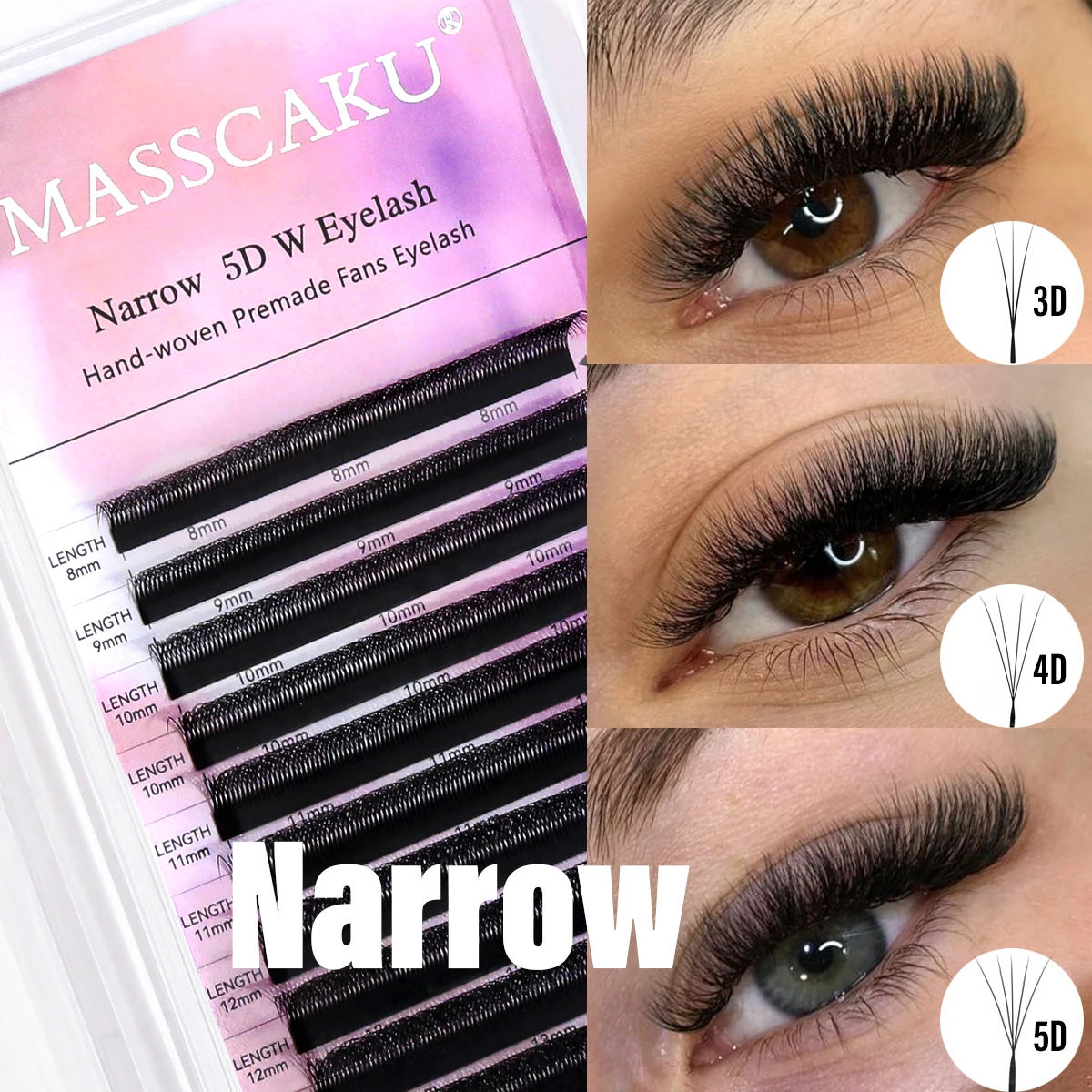 MASSCAKU Narrow 3D/4D/5D V-Shaped False Lashes 8-15mix C/D Curl Matte Volume Natural Angle Fluffy Faux Mink Eyelashes Supplies