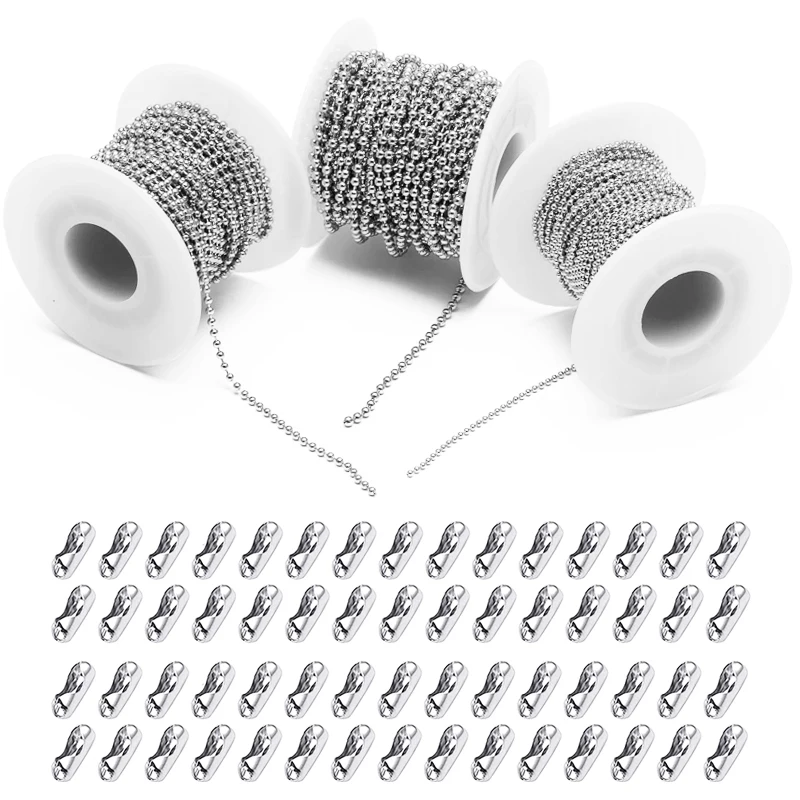 5m Stainless Steel Bead Chain 1.5/2/2.5/3mm Ball Chain with 50pcs Matching Adjustable Pull Connector for Keychain Jewelry Making