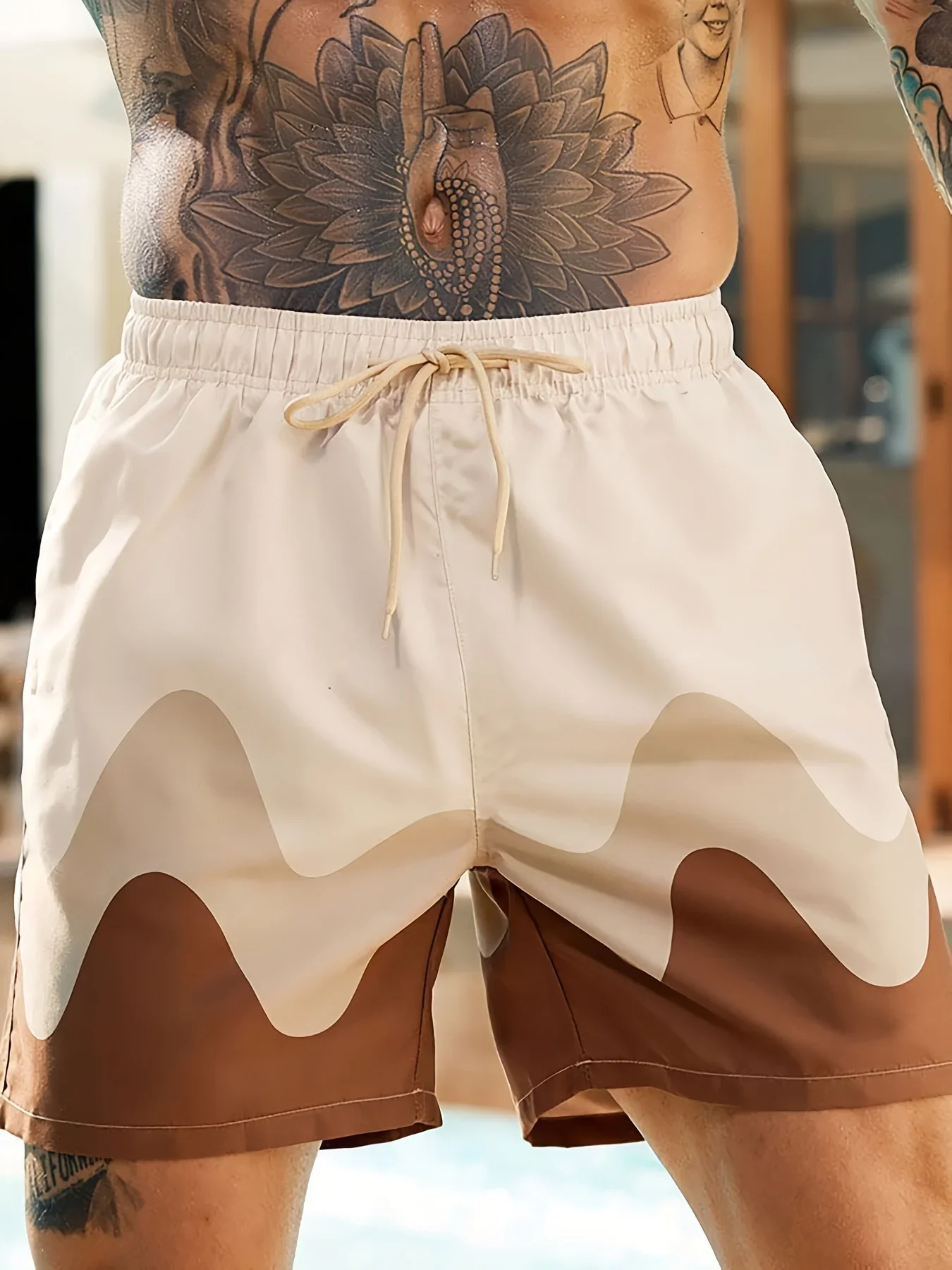 Men Color Block Wave Print Swim Trunks Quick Dry Drawstring Elastic Waist Beach Shorts With Pockets Summer Vacation Board Shorts