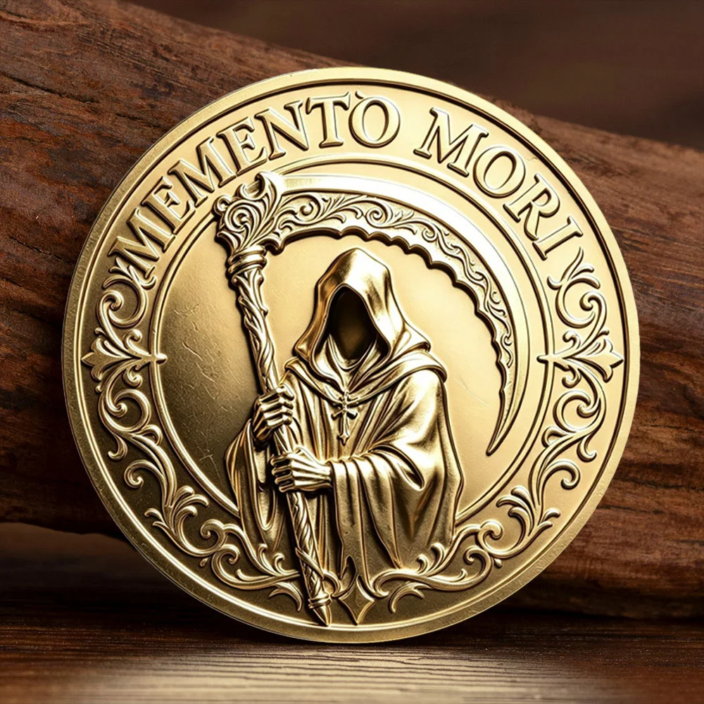 Memento Mori Carpe Diem Dual Souvenir Coin Grim Reaper Hourglass Candle Brass Golden Plated Commemorative Coin