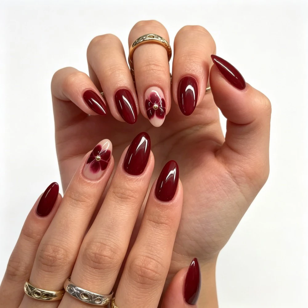 24pcs Set Burgundy Almond Shape Medium Length Solid Color with Floral Golden Dust Design Fake Nails for Women/Girls Women'S Nail view 5