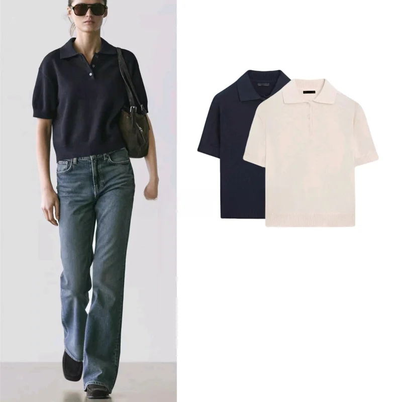 

Новая весенняя женская трикотажная рубашка с коротким рукавом, отложным воротником, на одной пуговице, свободного кроя, однотонная, повседневная