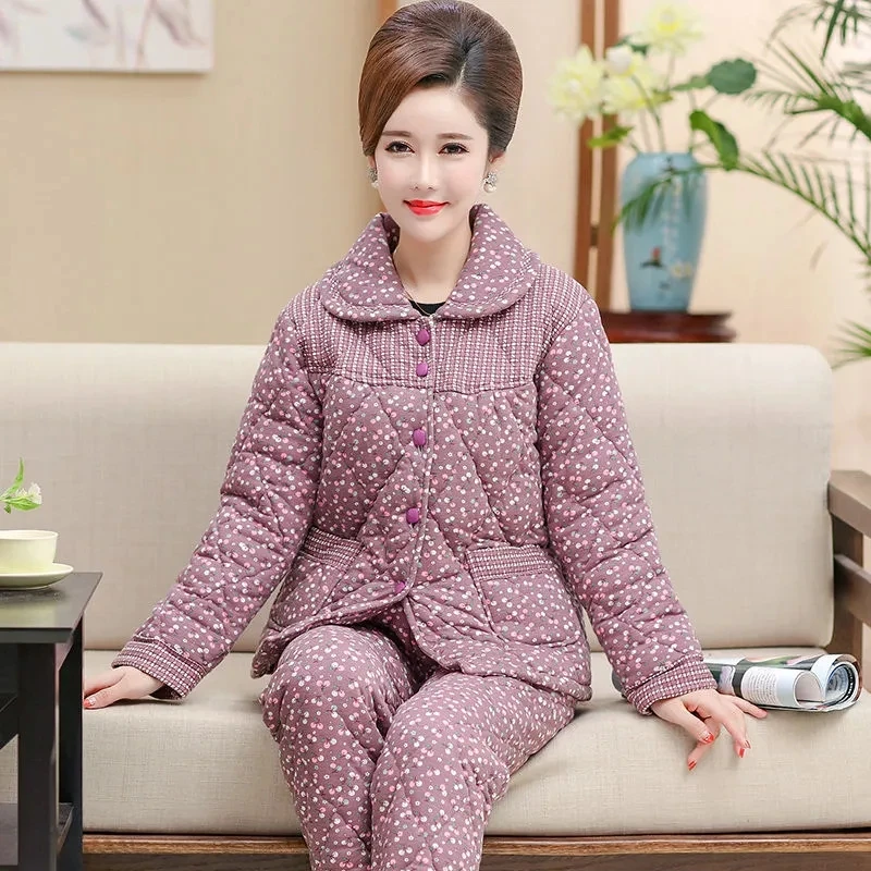 Plaid Pajamas Women Winter Warm Suits Coral Fleece Three-Layer Quilted Mid-Aged Mother Thicken Flannel Warm Jacket Home Service