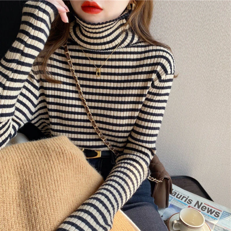 Women\'s Clothing Autumn Winter Striped Contrast Color Pullover Sweater Turtleneck Knitted Long Sleeve Elegant Casual Tops