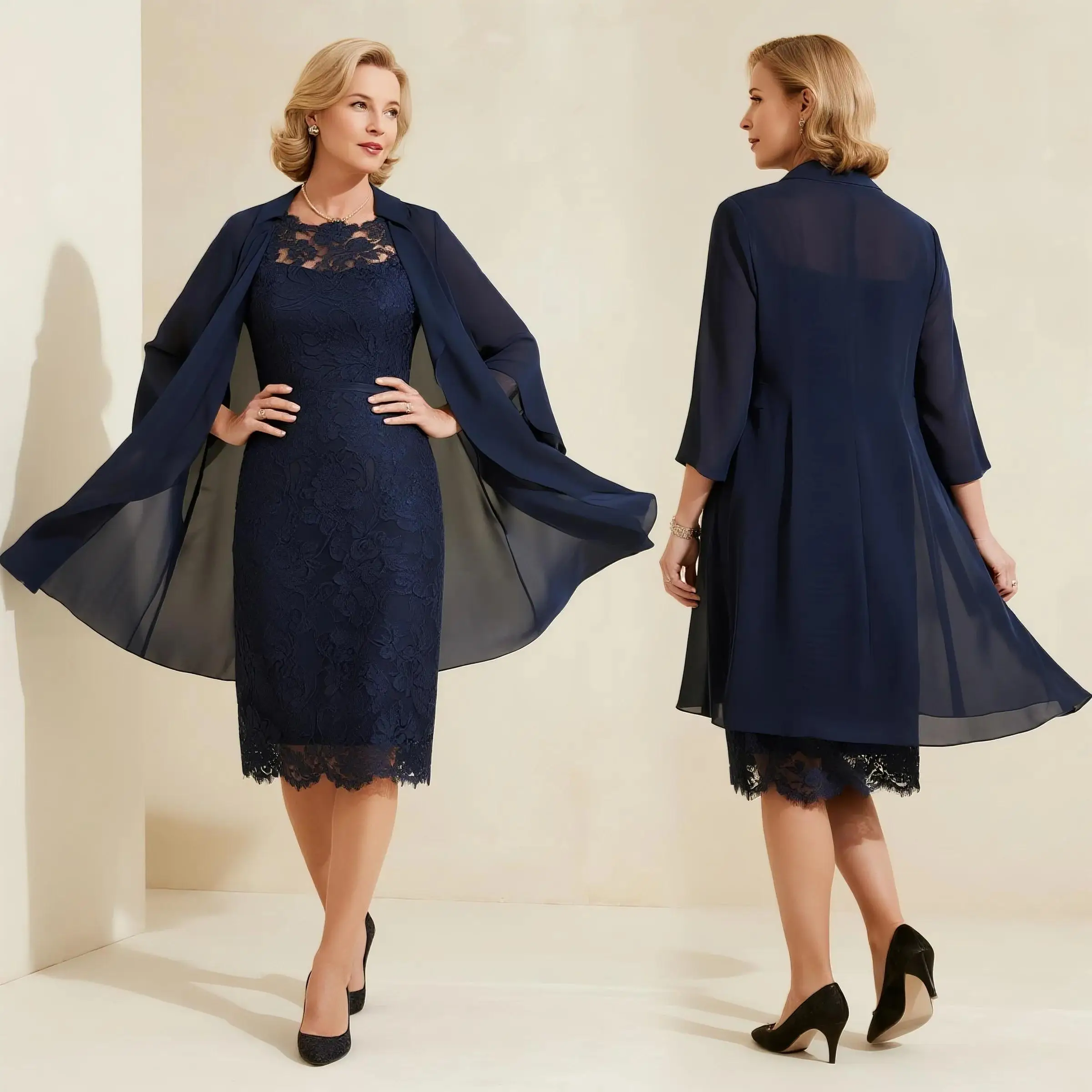 Elegante decote redondo chiffon mãe da noiva vestido chá comprimento manga longa apliques vestido de festa de casamento 2025 personalizado grátis