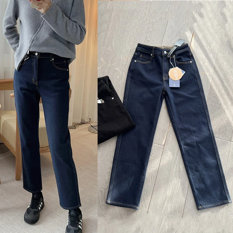 

Модные женские джинсы-скинни с высокой талией, прямые, укороченные, из комфортного хлопкового стрейч-денима