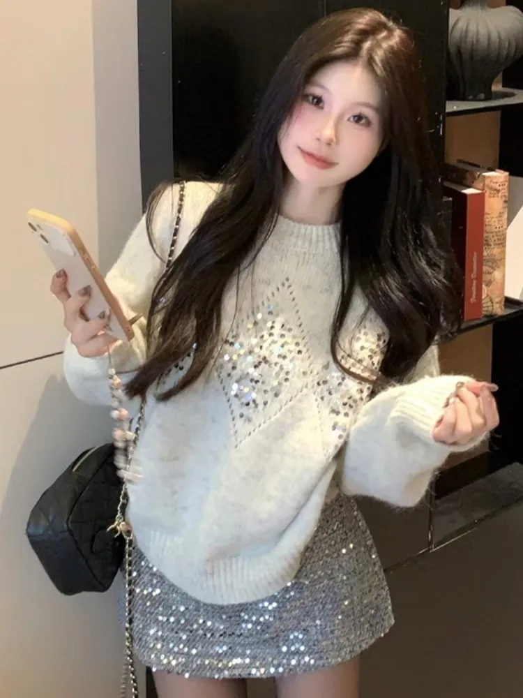 

Lush Loose Knitted Sweater Long Sleeve Heavy Embellished Diamond Grid Women Spring Autumn Sexy Bodycon Skirt Set