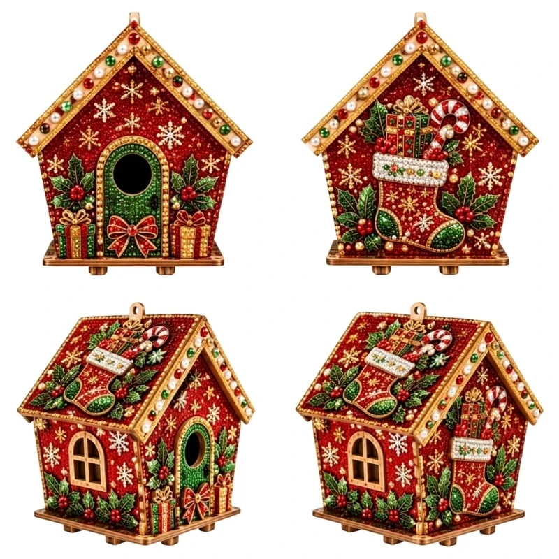 XXFE DIY Tabletop or Hanging Christmas Cottage Craft Set, Jewels Art Wooden Ornament for Holiday Family Activity Indoor Display