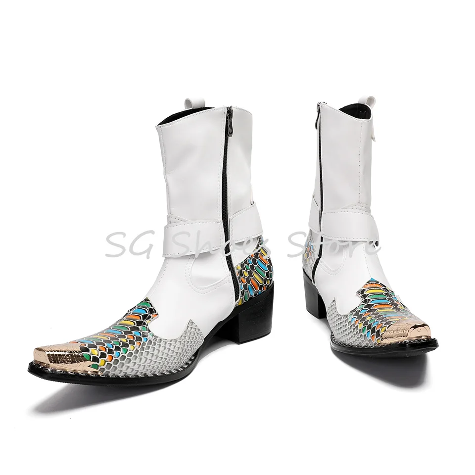 Male Mixed Color Western Cowboys Boots Metal Pointed Toe Chunky Heel Chelsea Boots Snakeskin Pattern Splicing Leather Boots