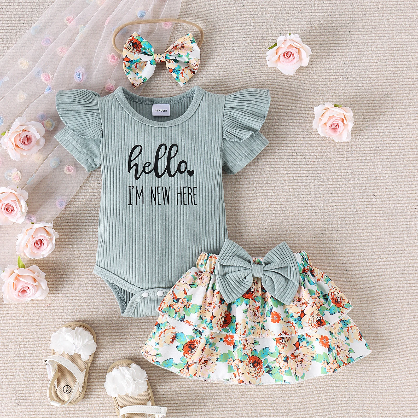 3PCS Summer 0-1 Years Old Fashion Trend Comfortable Soft Cute Baby Girl Pit Strip Ha Dress + Skirt + Bow Head Estimate