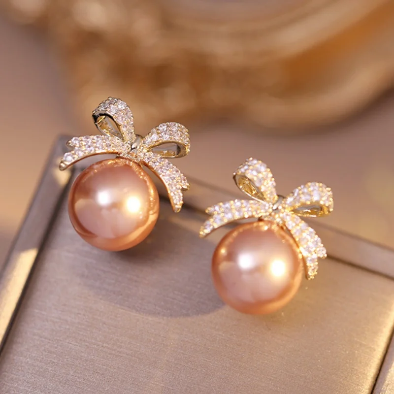 Fashion Jewelry Pearl Bow Micro Set Zircon Pendant Earrings for Women And Girls Ear Accessory New Design