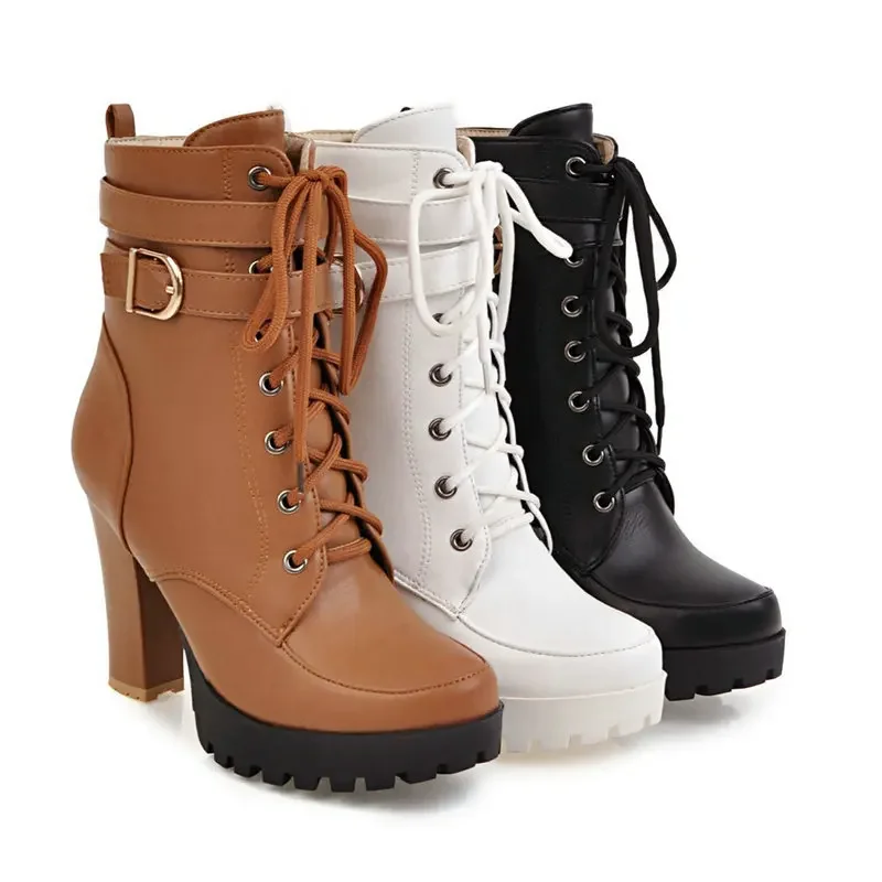 

Shoes Women Motorcycle Boots Autumn Winter Ladies Boot 2023 Stylish Lady Ankle Boots High Heel Platforms Sexy Botas Buckle White