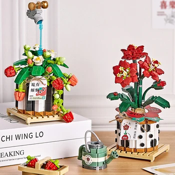 LOZ Creative Strawberry Cherry Blossom Potted Succulent Bonsai Plant Building Blocks Moc Mini Flower Bricks Home Decor Kids Toys