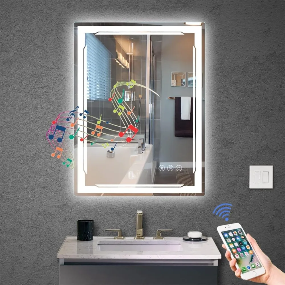 

24''X32'' LED Bathroom Mirror with Lights, Built-in Bluetooth Speaker, Anti-Fog Dimmable 3 Lights Setting Backlit + Front Lit, L